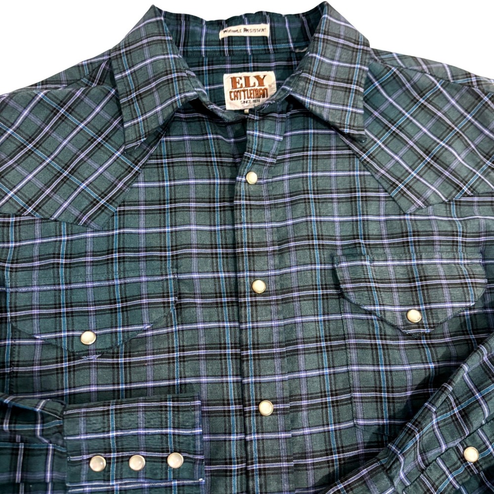 Ely Cattleman Western Pearl Snap Shirt Mens M Teal Blue Plaid Wrinkle Resistant